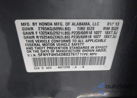 2013 Honda Pilot Ex-L из США, поврежденный, VIN 5FNYF4H54DB037617